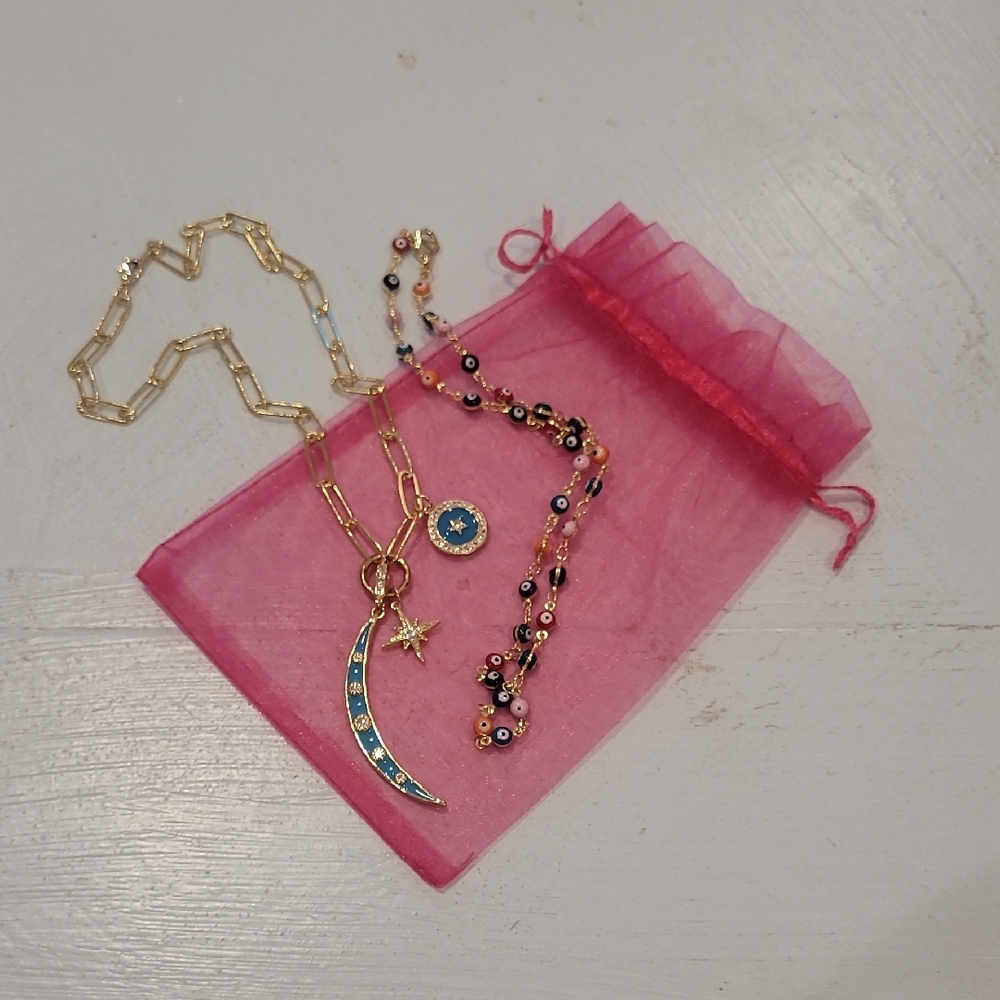 Gold-Tone Crescent Moon & Star Pendant Necklace with Blue Enamel